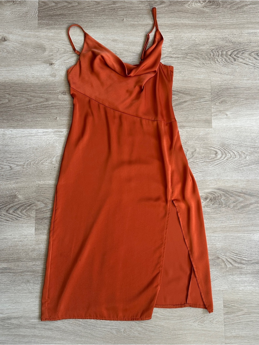 D&M Rust Orange Cowl Neck Side Slit Cami Slip Dress Medium